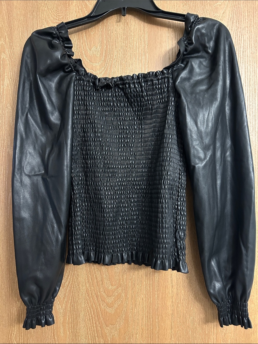 Black Smocked Faux-Leather Long Sleeve Square Neck Top